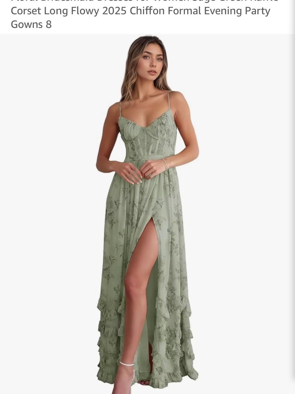 Amazon Sage Green Floral Chiffon Maxi Dress with Corset Bodice